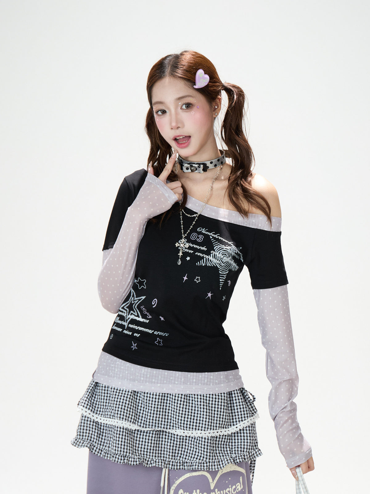 Star Melody Mesh-Layered Off-Shoulder Top & Embroidered Wide-Leg Jeans