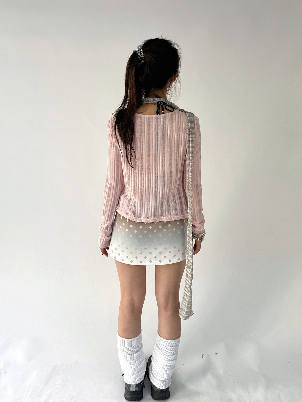 Plaid-Layered Cowl Long Sleeve Top