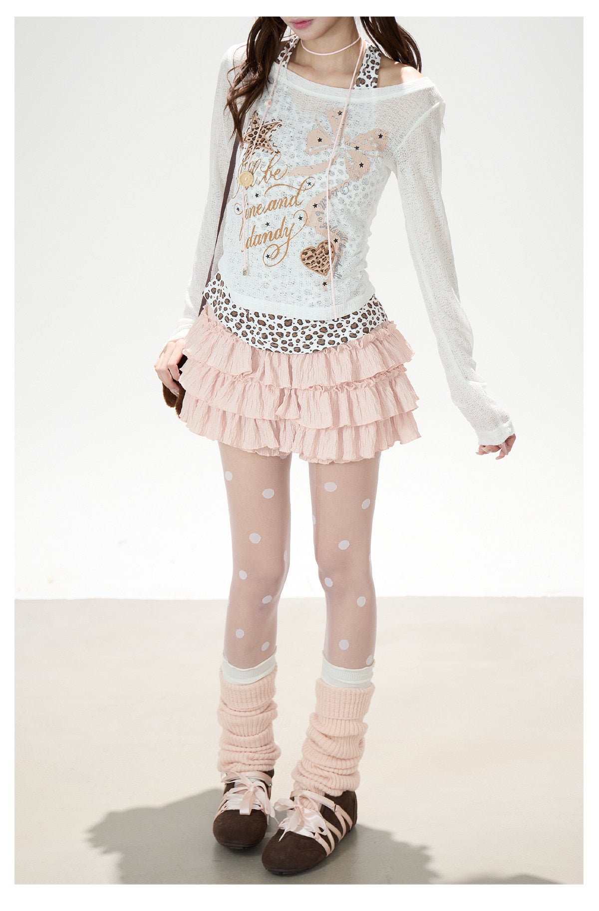 Leopard Layered Halter Long Sleeve Top & Pink Tiered Ruffle Mini Skirt