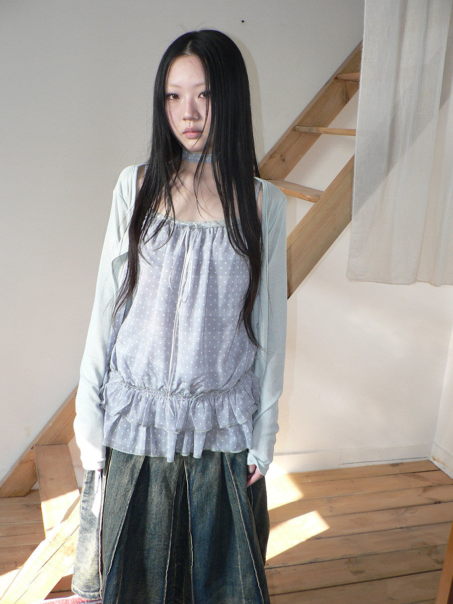 Polka Dot Ruffle Camisole & Cardigan Set with Scarf