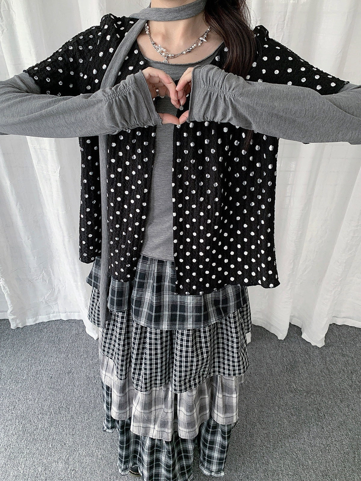 Polka Dot Layered Scarf Long Sleeve Top