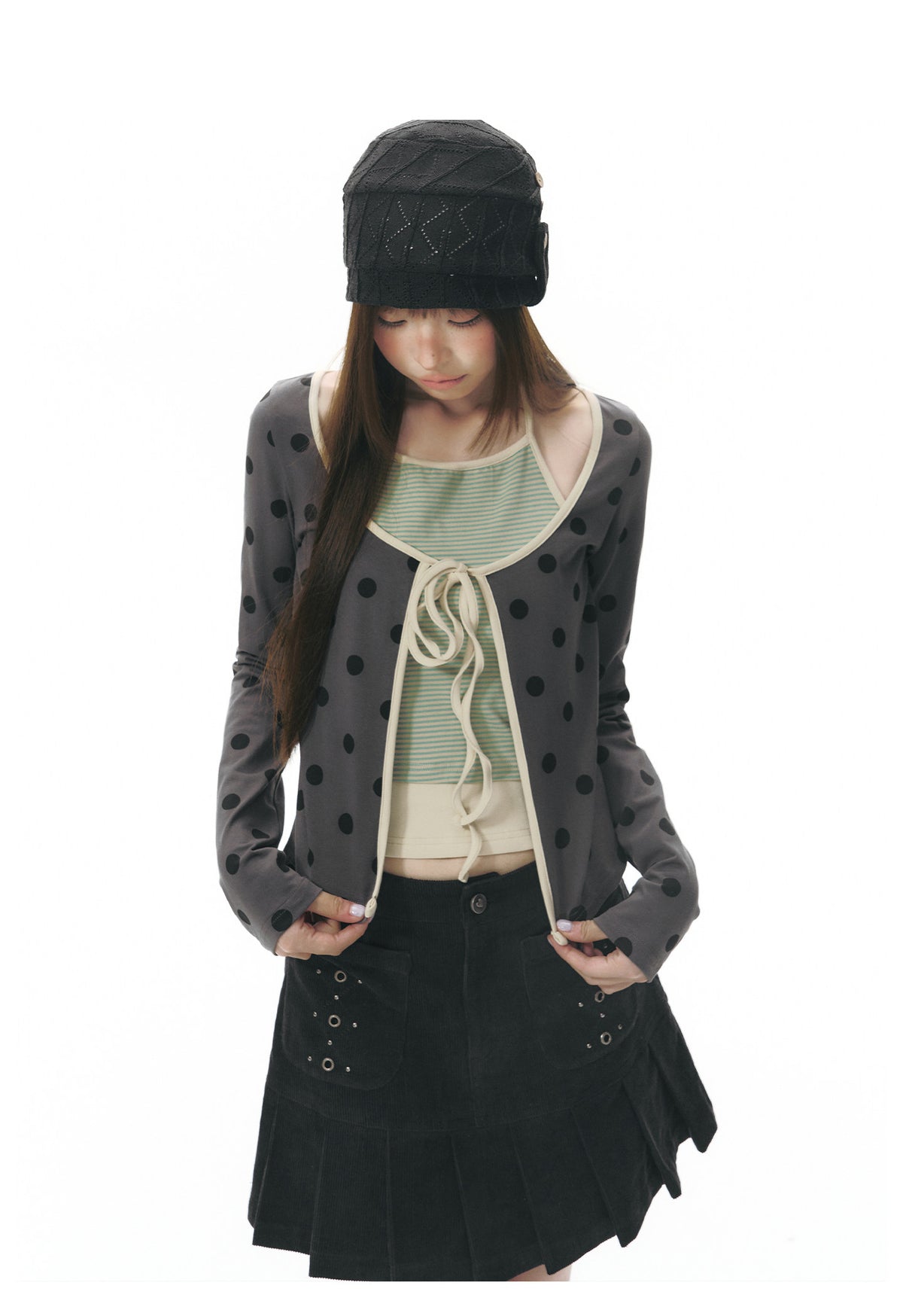 Polka Dot Tie-Front Layered Halter Long Sleeve Top