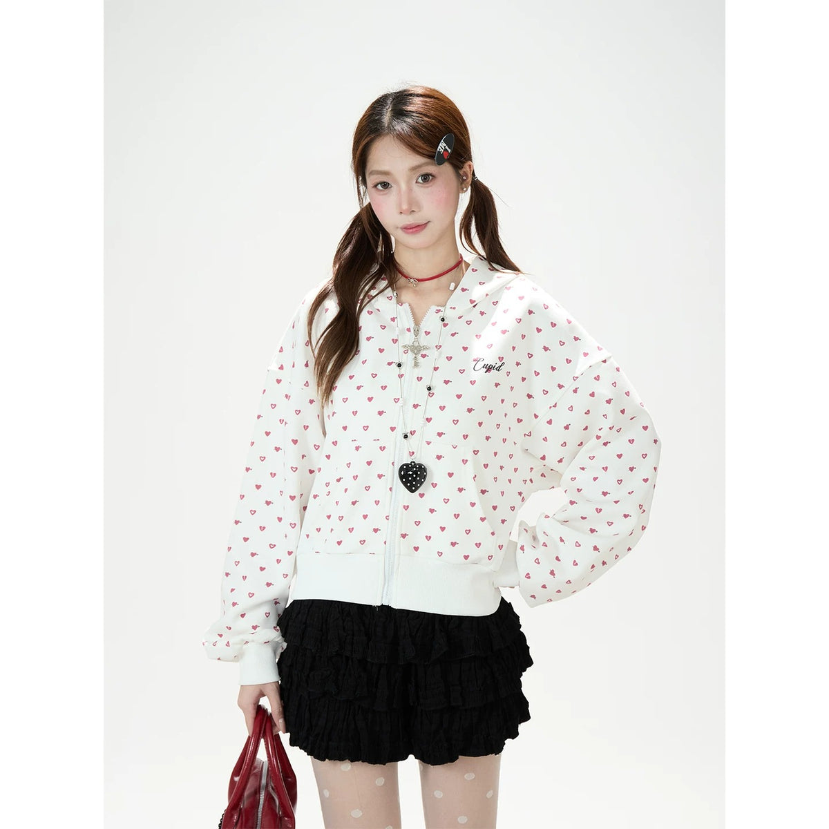 Heart Print Zip-Up Hoodie & Black Tiered Ruffle Mini Skirt
