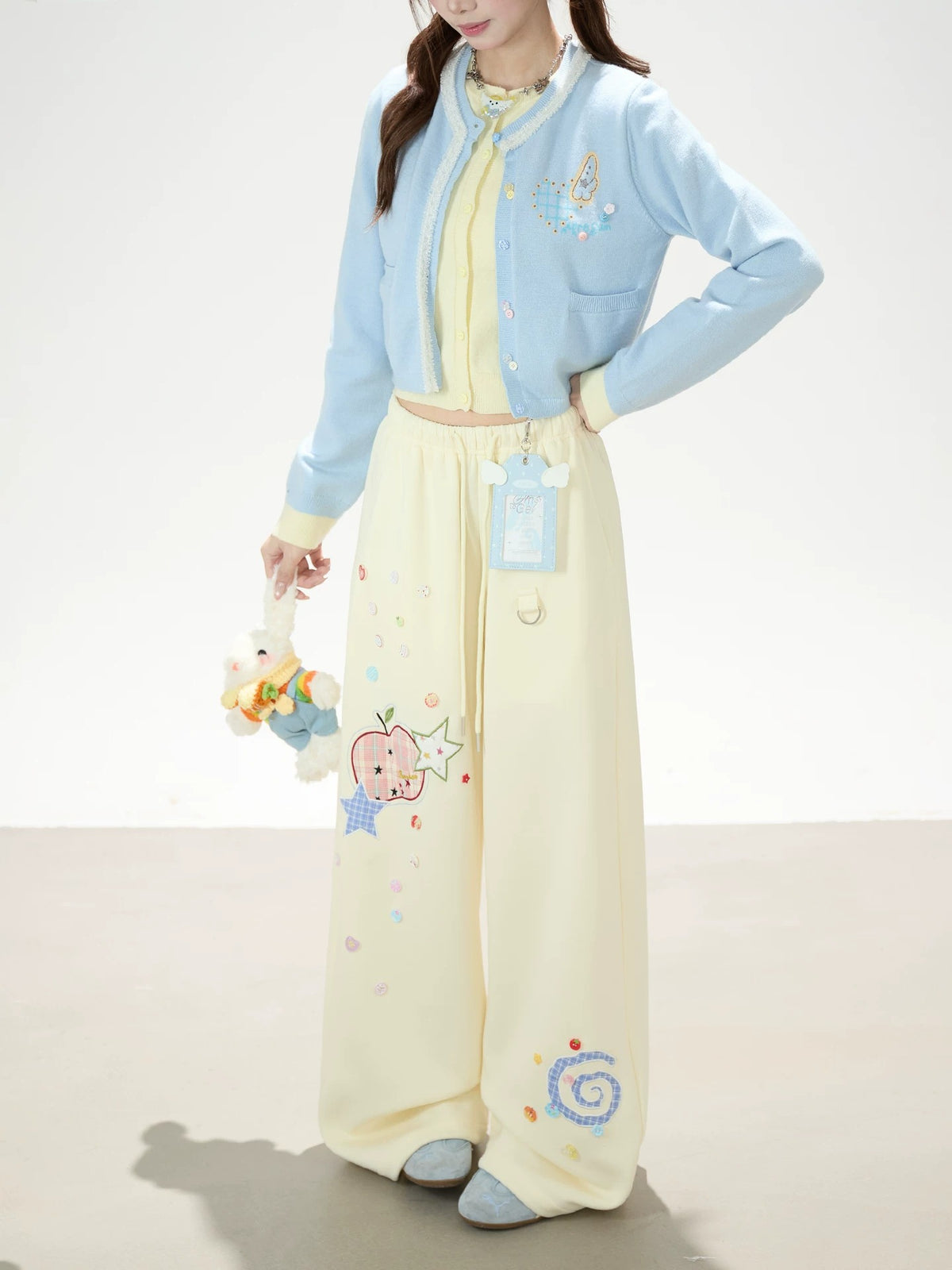 Faux Layered Soft Knit Cardigan & Apple Star Patch Wide-Leg Pants