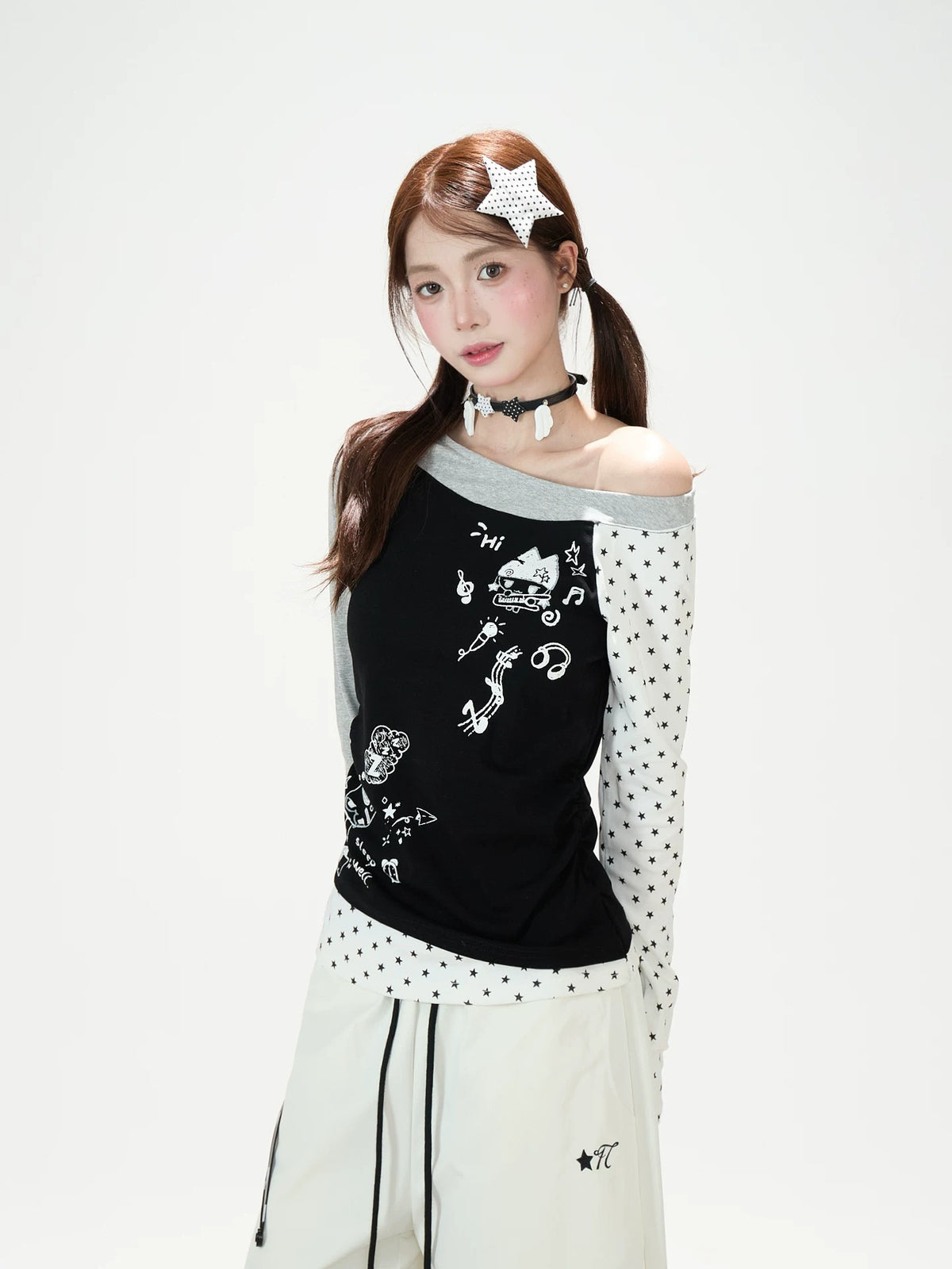 Cartoon Star Off-Shoulder Long Sleeve Top & Star Patch Wide-Leg Pants