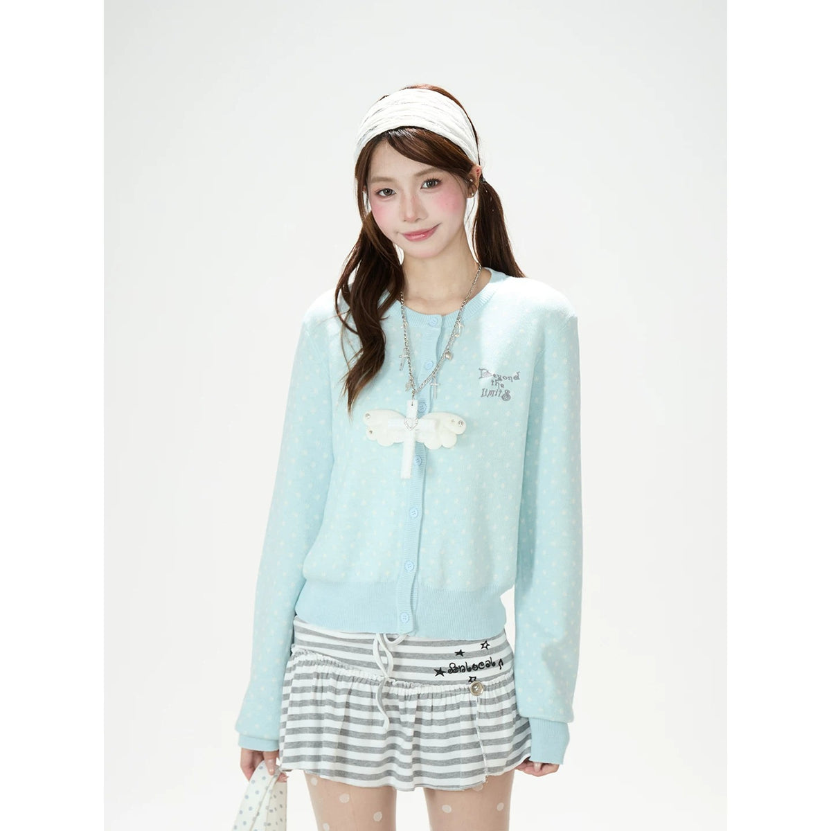 Polka-Dot Soft Knit Cardigan & Gray Mini Skirt