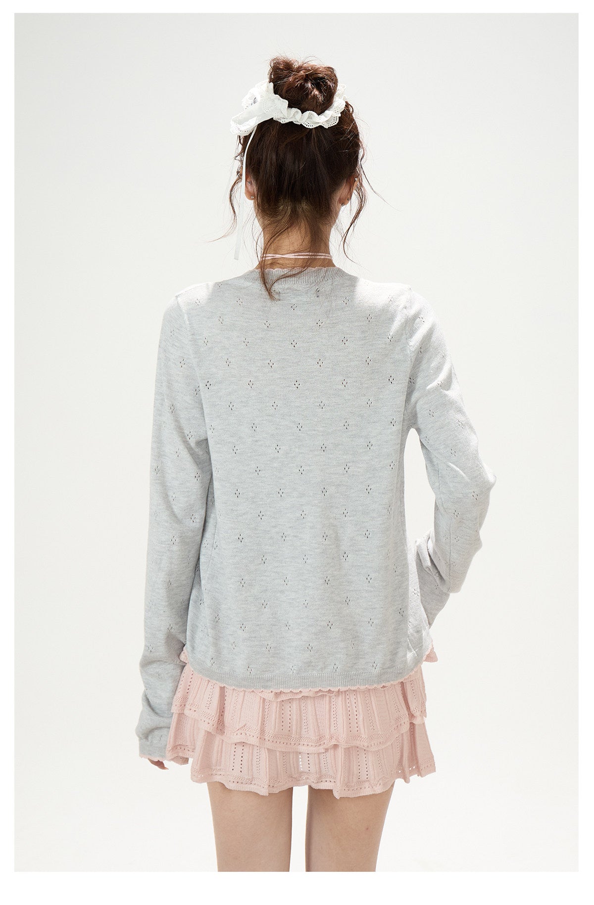 Pointelle Bow Cardigan & Cami Knit Set & Tiered Ruffle Mini Skirt