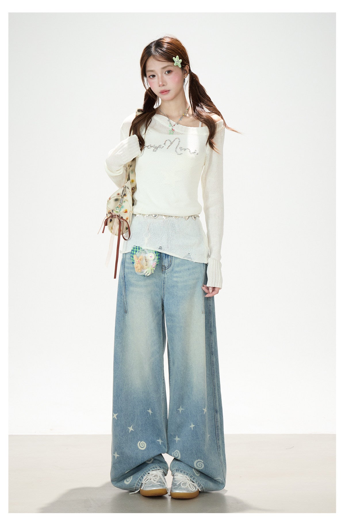 Playful Star Print Washed Wide-Leg Jeans
