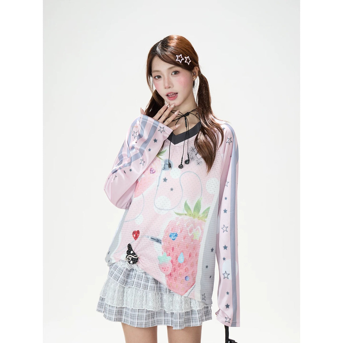 Strawberry Star Mesh V-Neck Long Sleeve Jersey Top