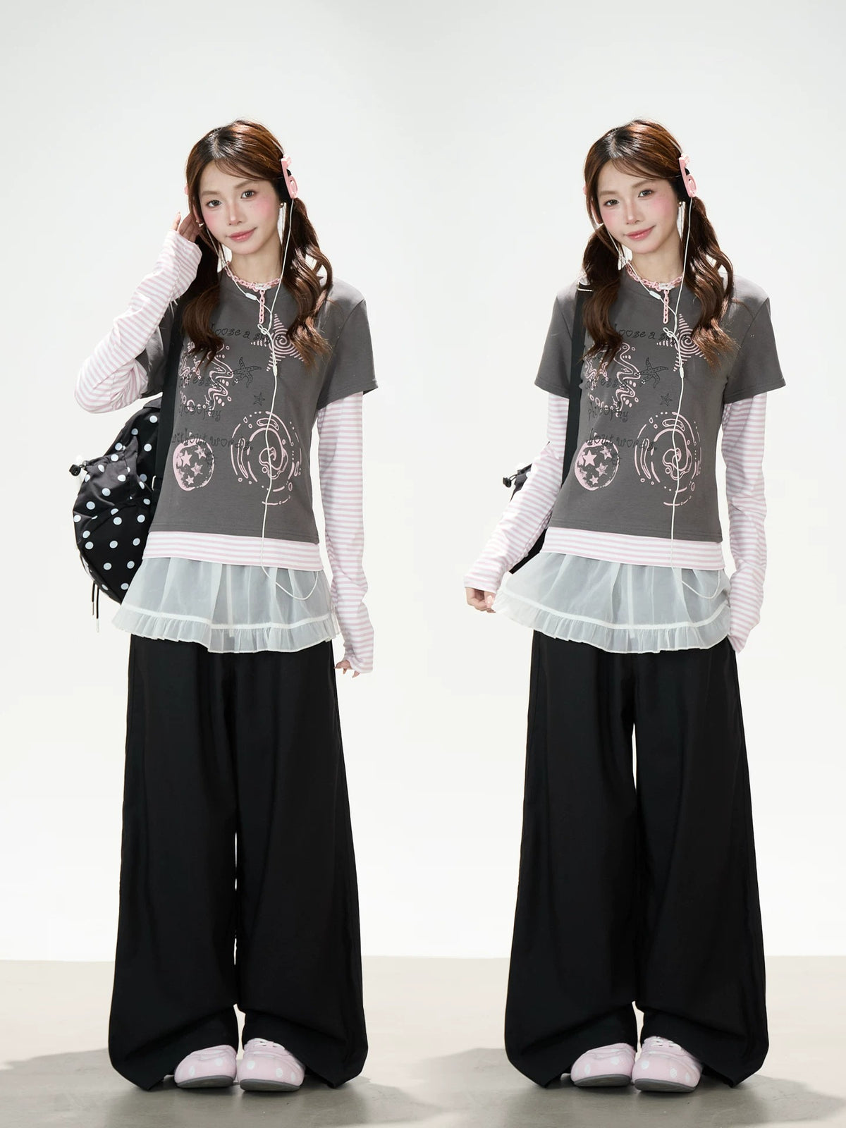 Graffiti Layered Long Sleeve Top & Black Wide-Leg Pants