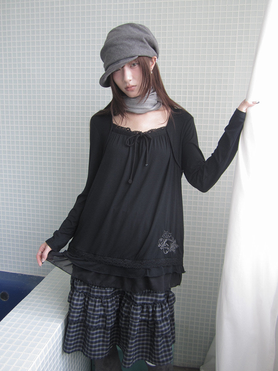 Star Embroidered Lace-Hem Tie Long Sleeve Top