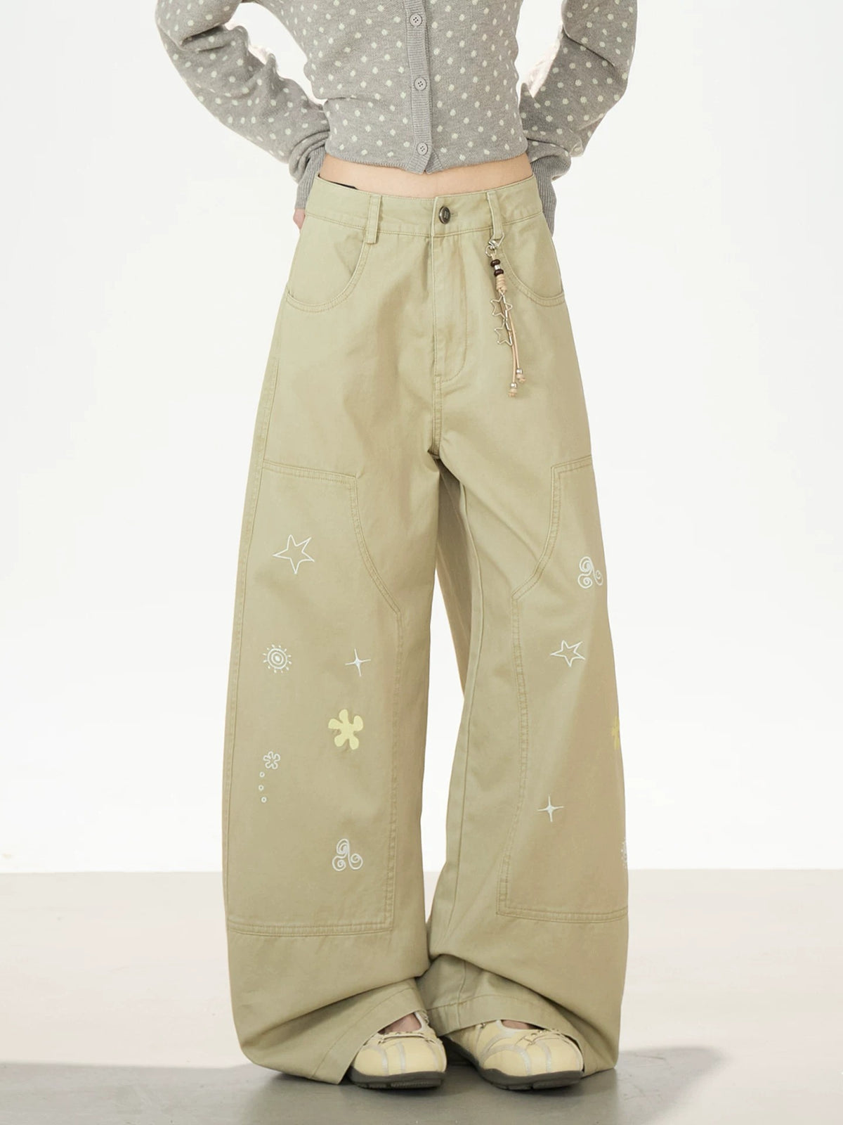 Playful Embroidered Wide-Leg Cargo Pants