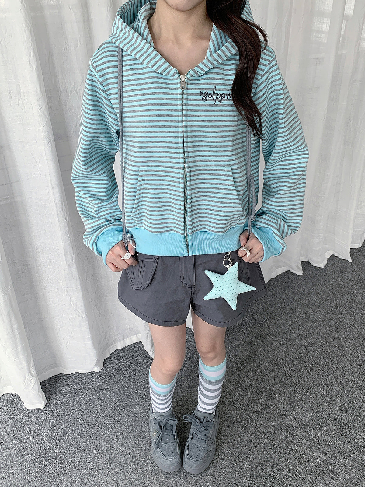 Mint Stripe Zip-Up Hoodie & Gray Utility Shorts