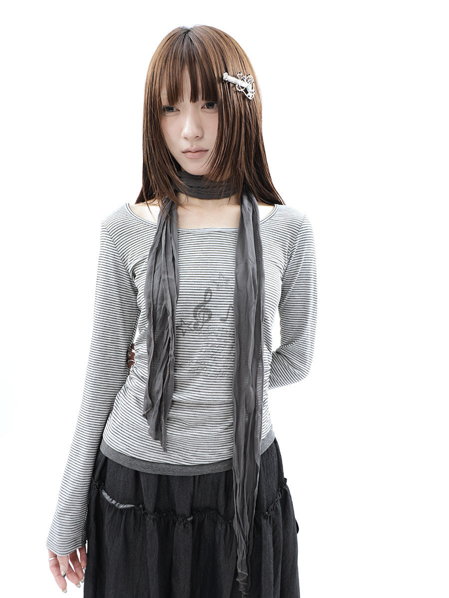 Music Note Striped Layered Long Sleeve Top with Scarf