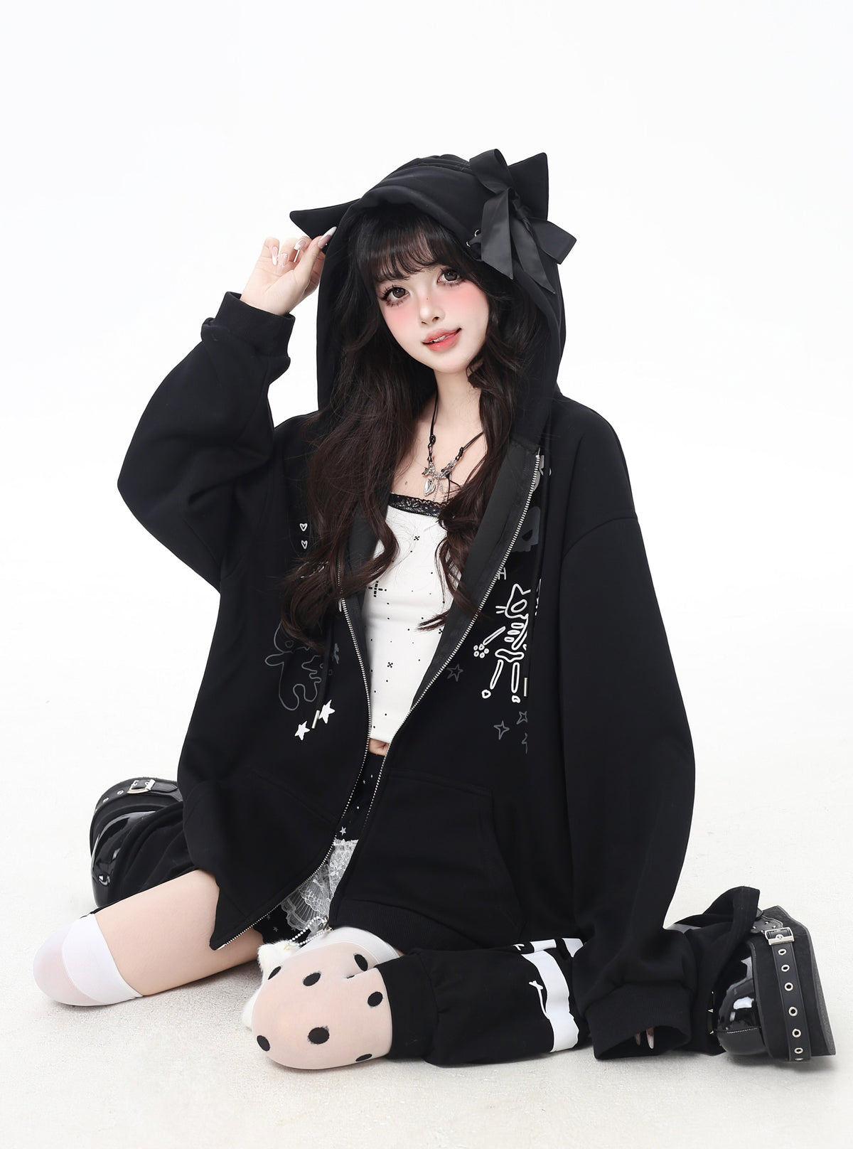 Cat Ear Bow Graphic Zip Hoodie