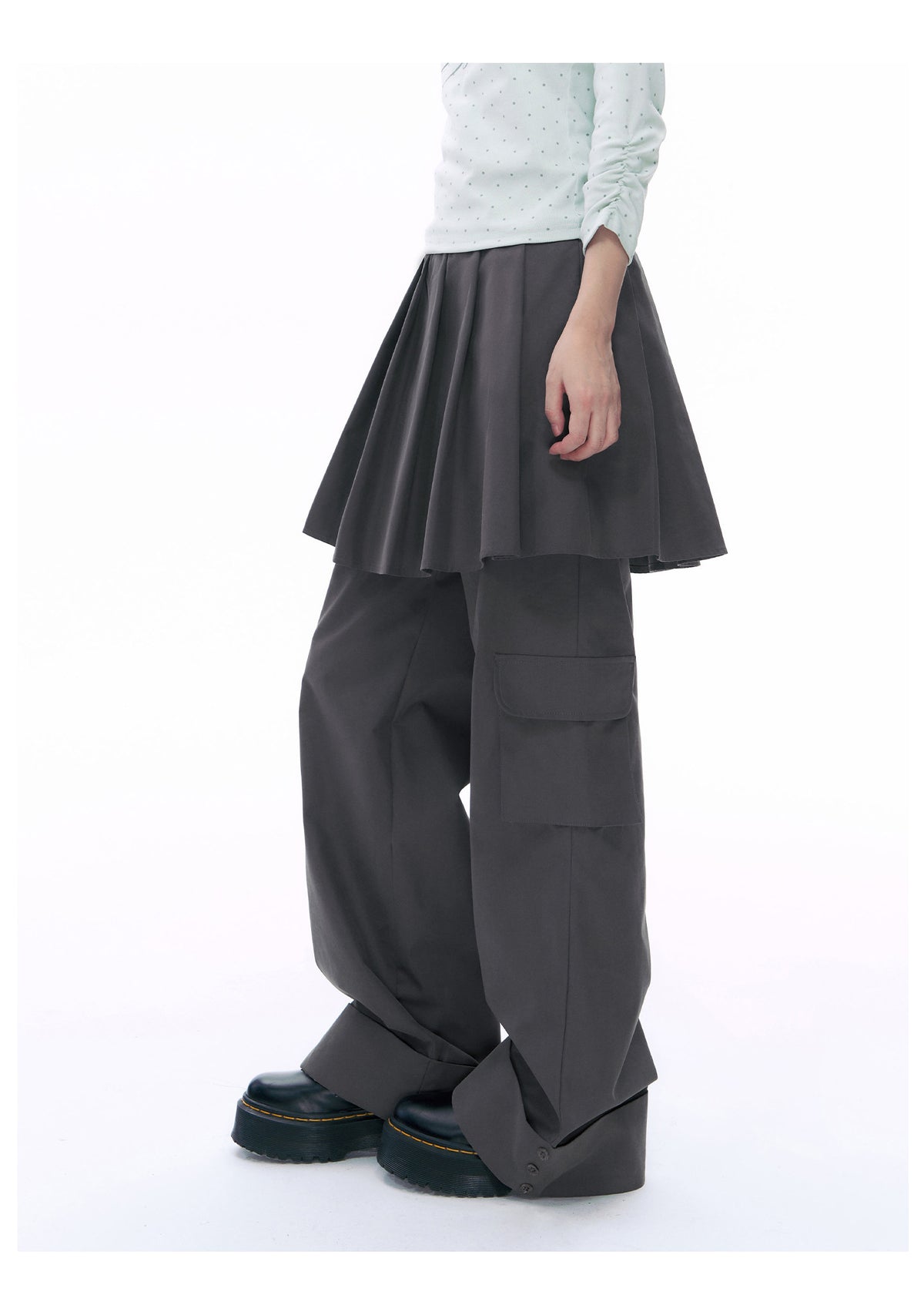 Pleated Skirt-Overlay Cargo Wide-Leg Pants