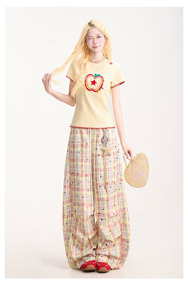 Embroidered Apple Contrast-Stitch Fitted Tee