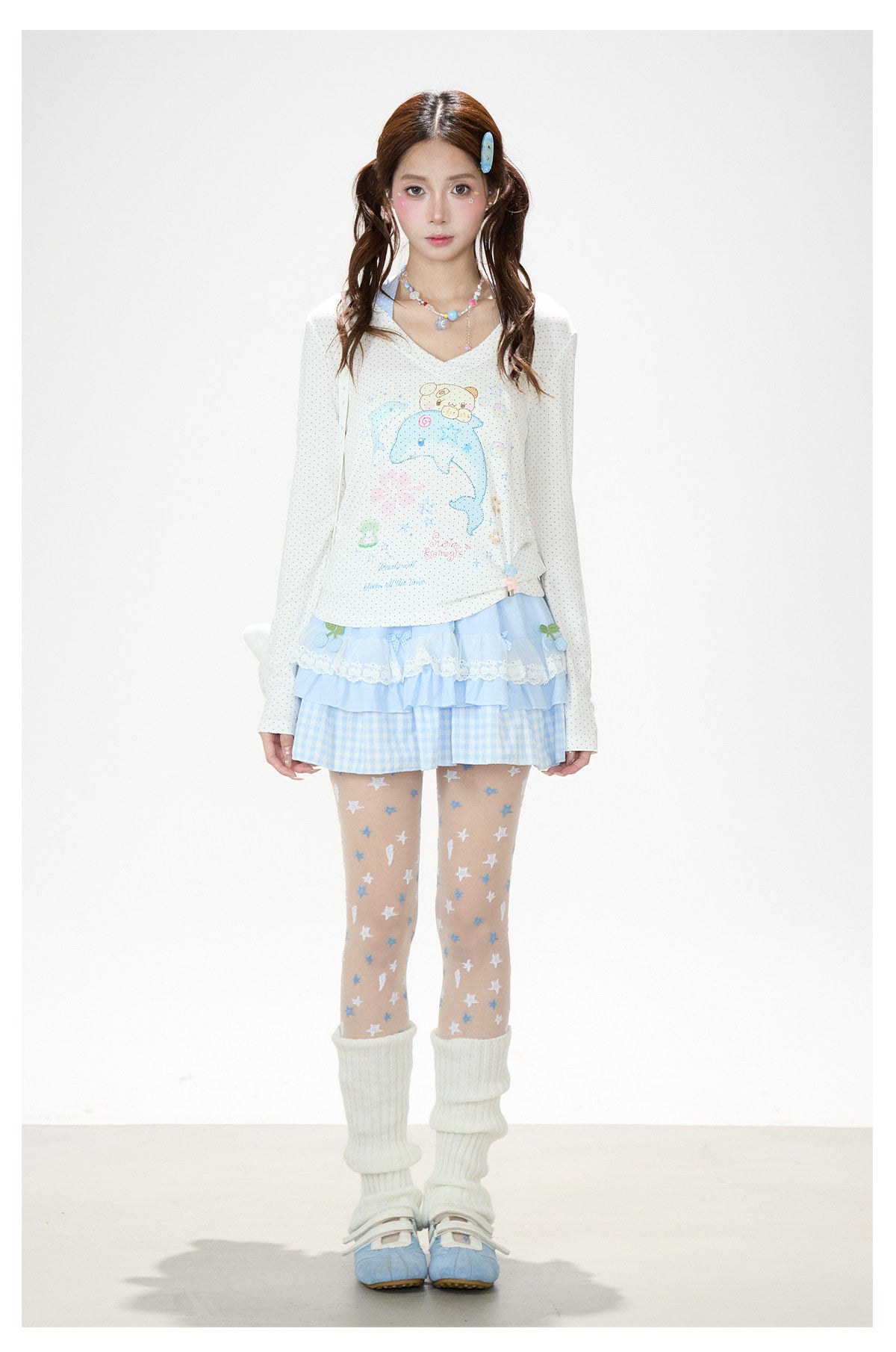Dreamy Dolphin Polka-Dot V-Neck Long Sleeve Top & Gingham Ruffle Mini Skirt