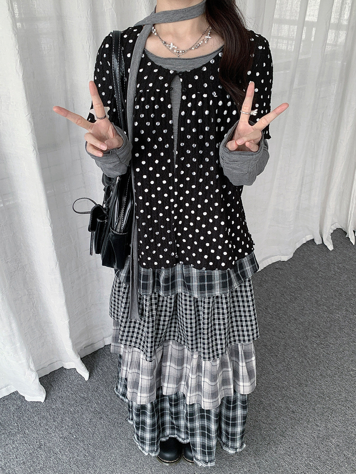 Polka Dot Layered Scarf Long Sleeve Top
