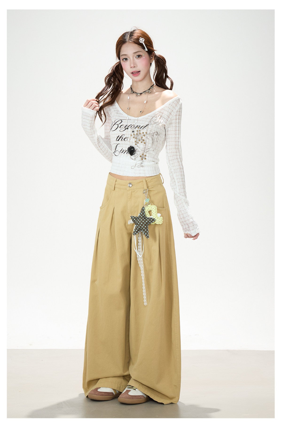 Beyond the Limits Sheer Grid Long Sleeve Top & Pony Star Wide-Leg Jeans
