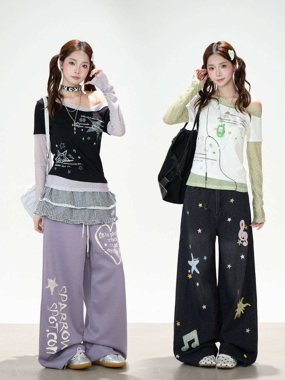 Star Melody Mesh-Layered Off-Shoulder Top & Embroidered Wide-Leg Jeans