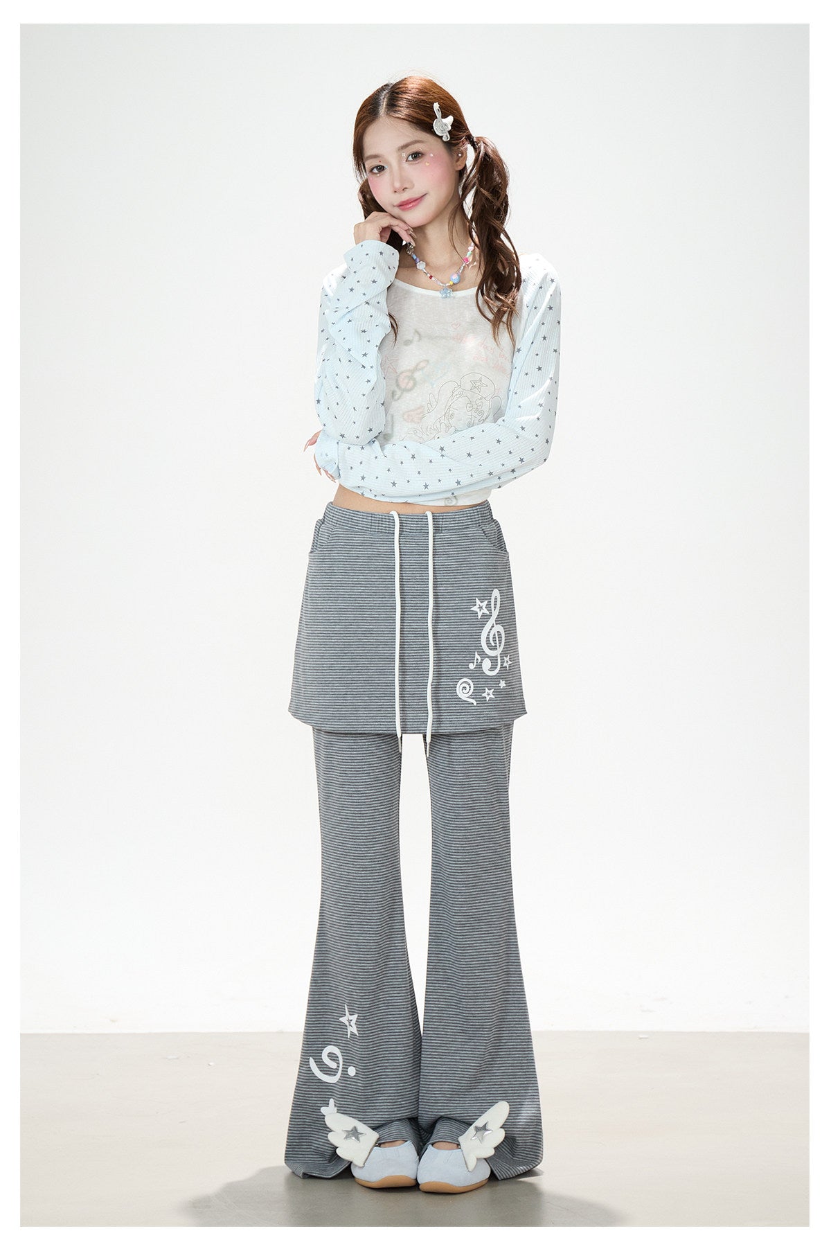 Dreamy Star Raglan Long Sleeve Top & Gray Striped Star Flare Pants