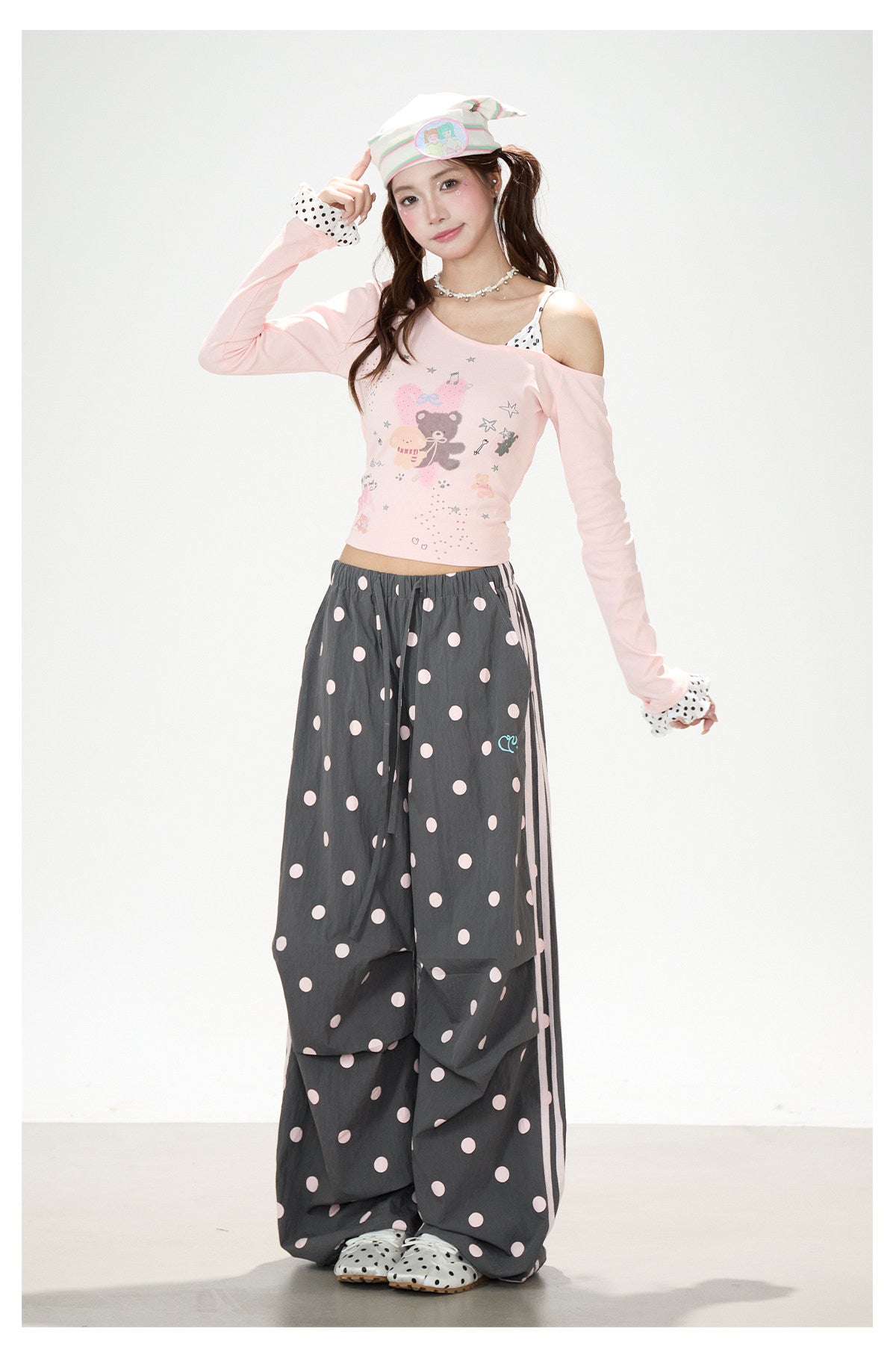 Dreamy Cartoon Off-Shoulder Layered Long Sleeve Top & Polka Dot Wide-Leg Pants