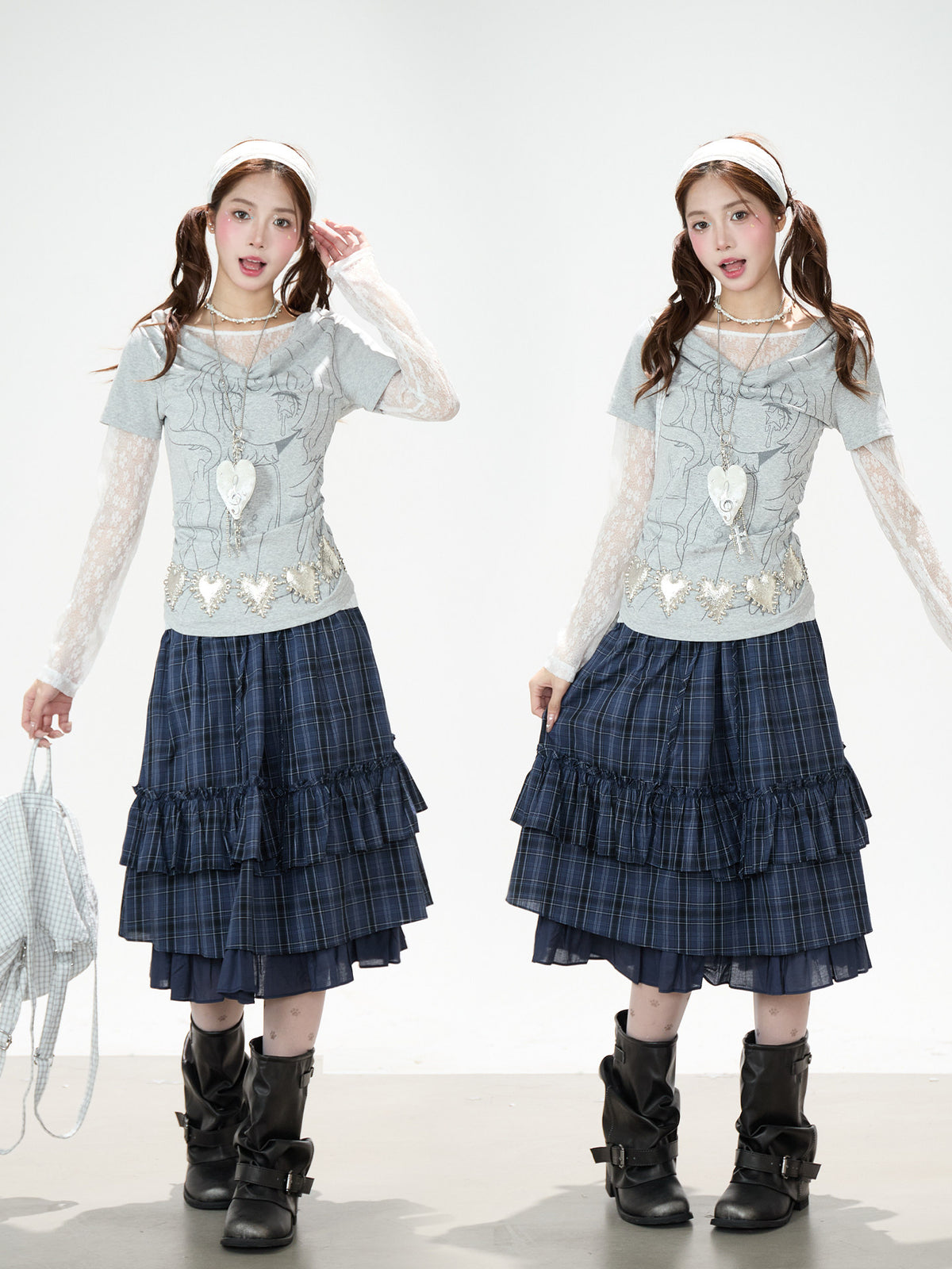 Lace Layered Cowl Neck Graphic Top & Navy Plaid Tiered Midi Skirt
