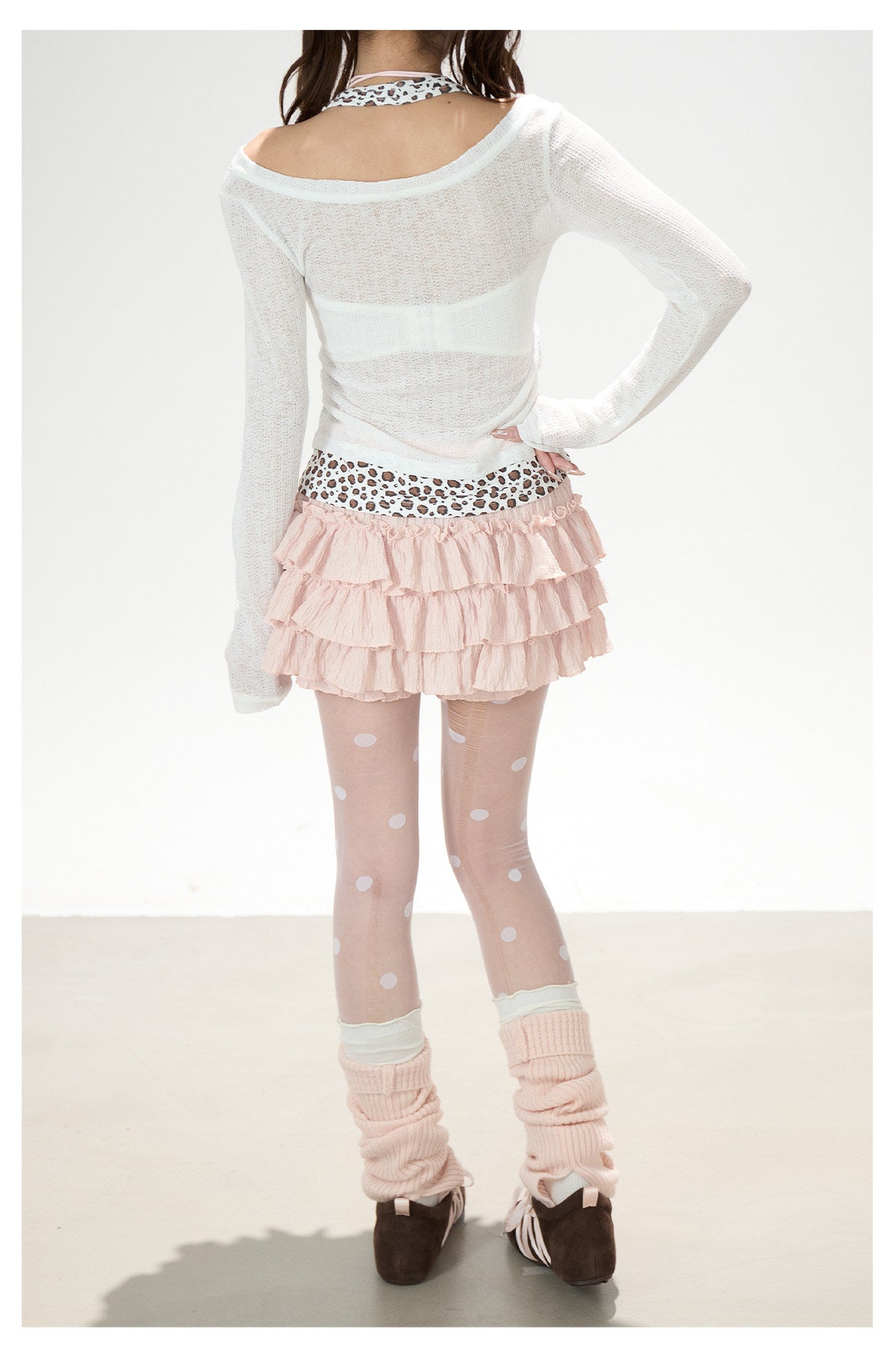 Leopard Layered Halter Long Sleeve Top & Pink Tiered Ruffle Mini Skirt