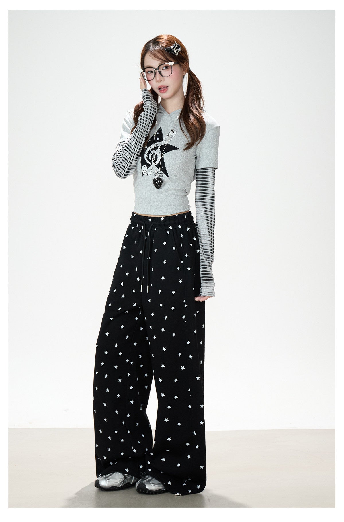 Music Note Star Layered Hoodie Top & Polka Dot Tie-Waist Wide-Leg Pants