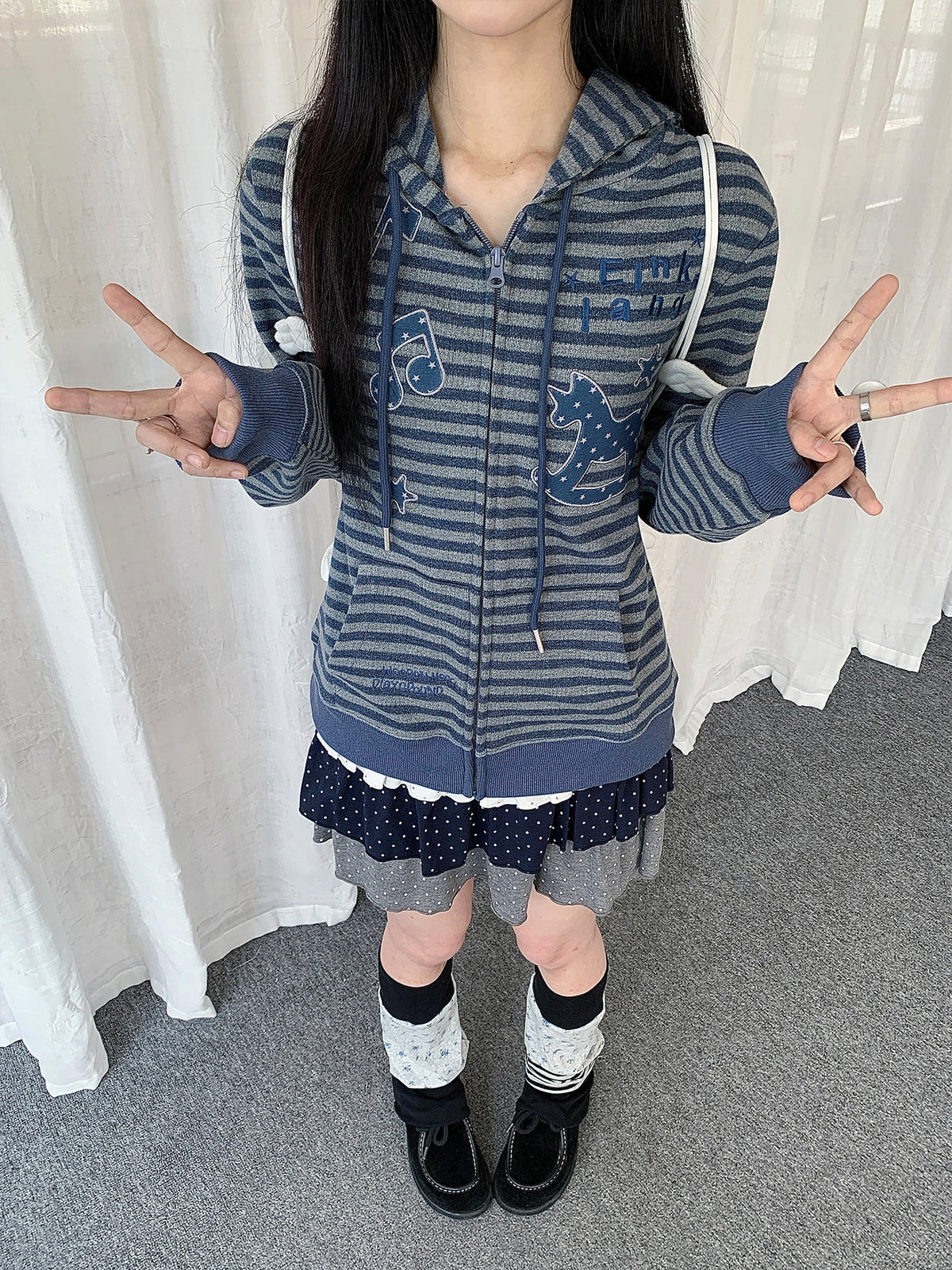 Rocking Horse & Music Appliqué Striped Zip Hoodie