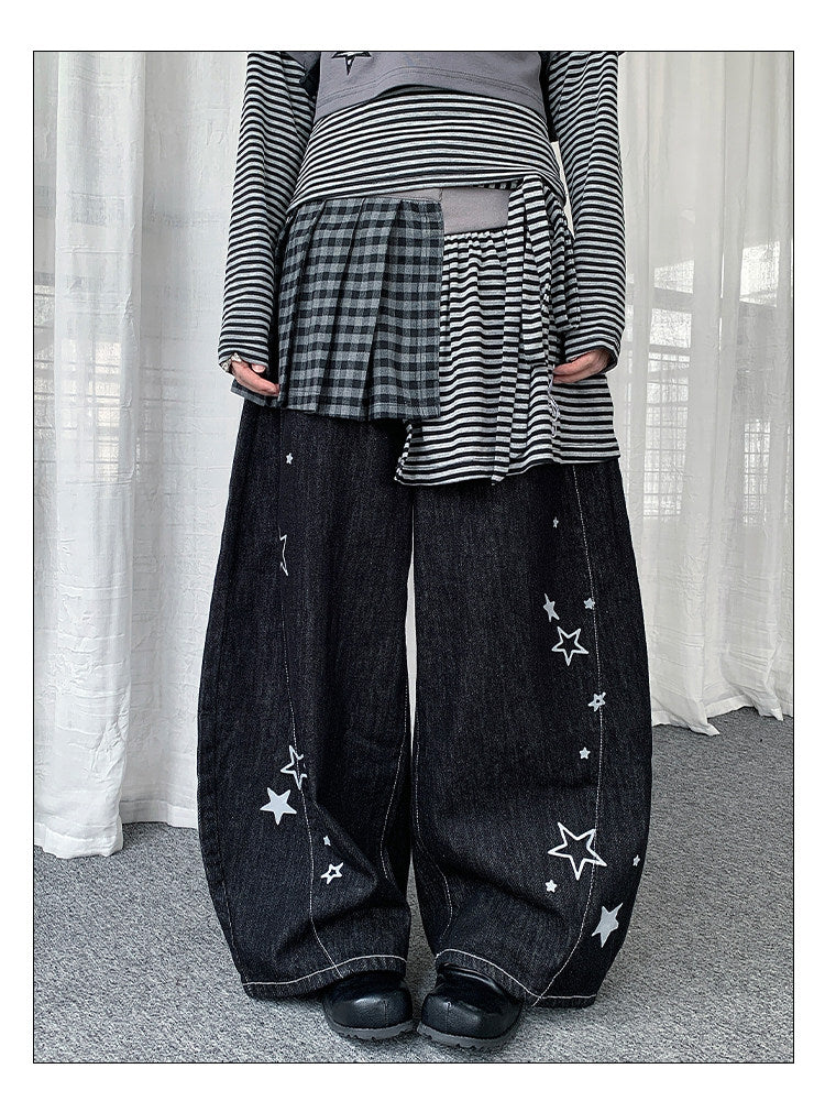 Star Embroidered Wide-Leg Jeans with Lace Overskirt