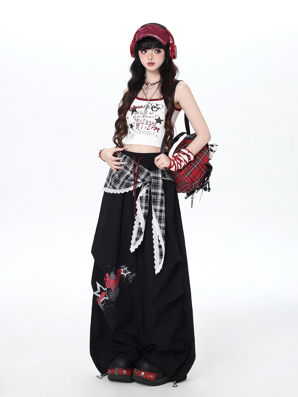 Plaid Scarf Layered Wide-Leg Cargo Pants
