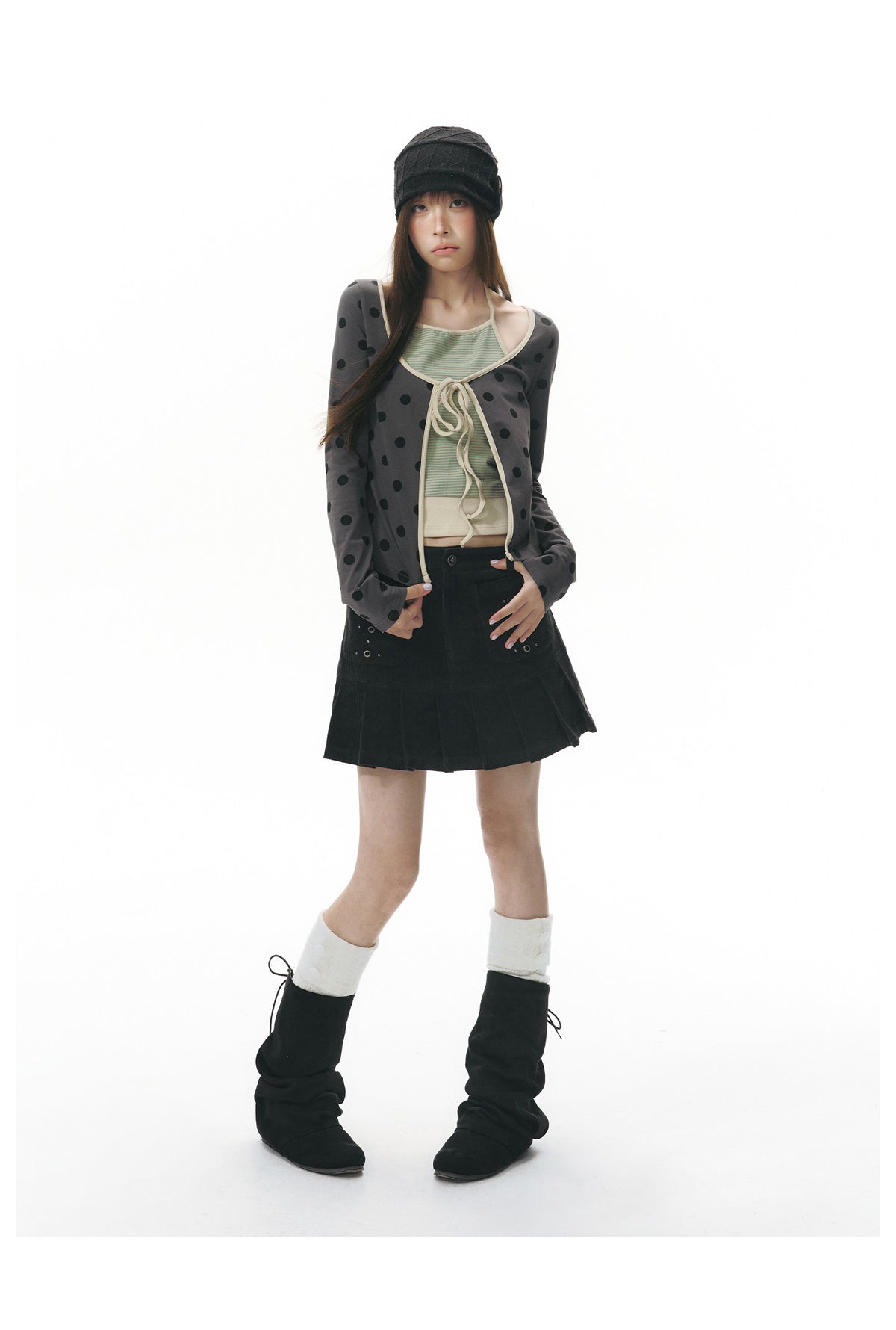 Polka Dot Tie-Front Layered Halter Long Sleeve Top