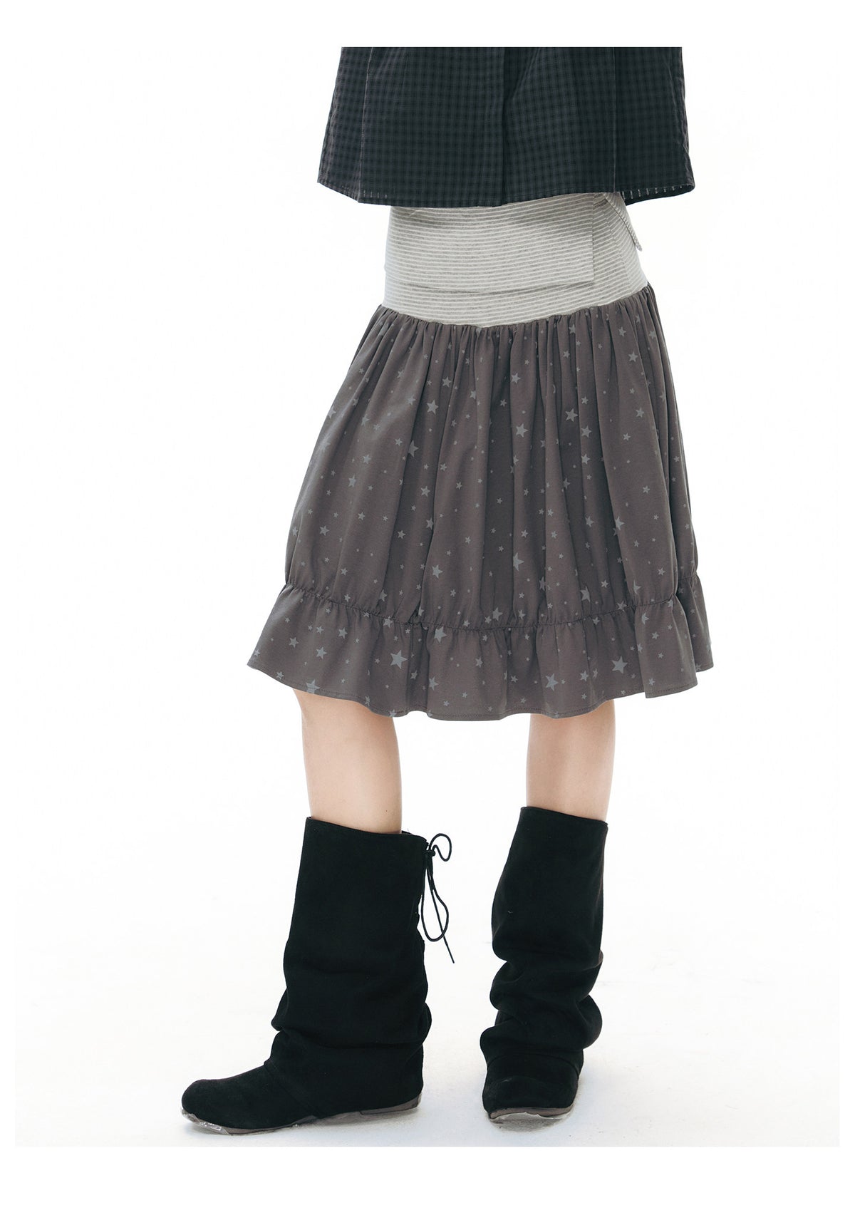 Star Print Striped-Waist Ruffle Midi Skirt