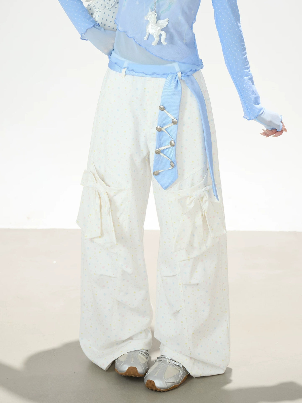Pastel Star Bow Wide-Leg Cargo Pants