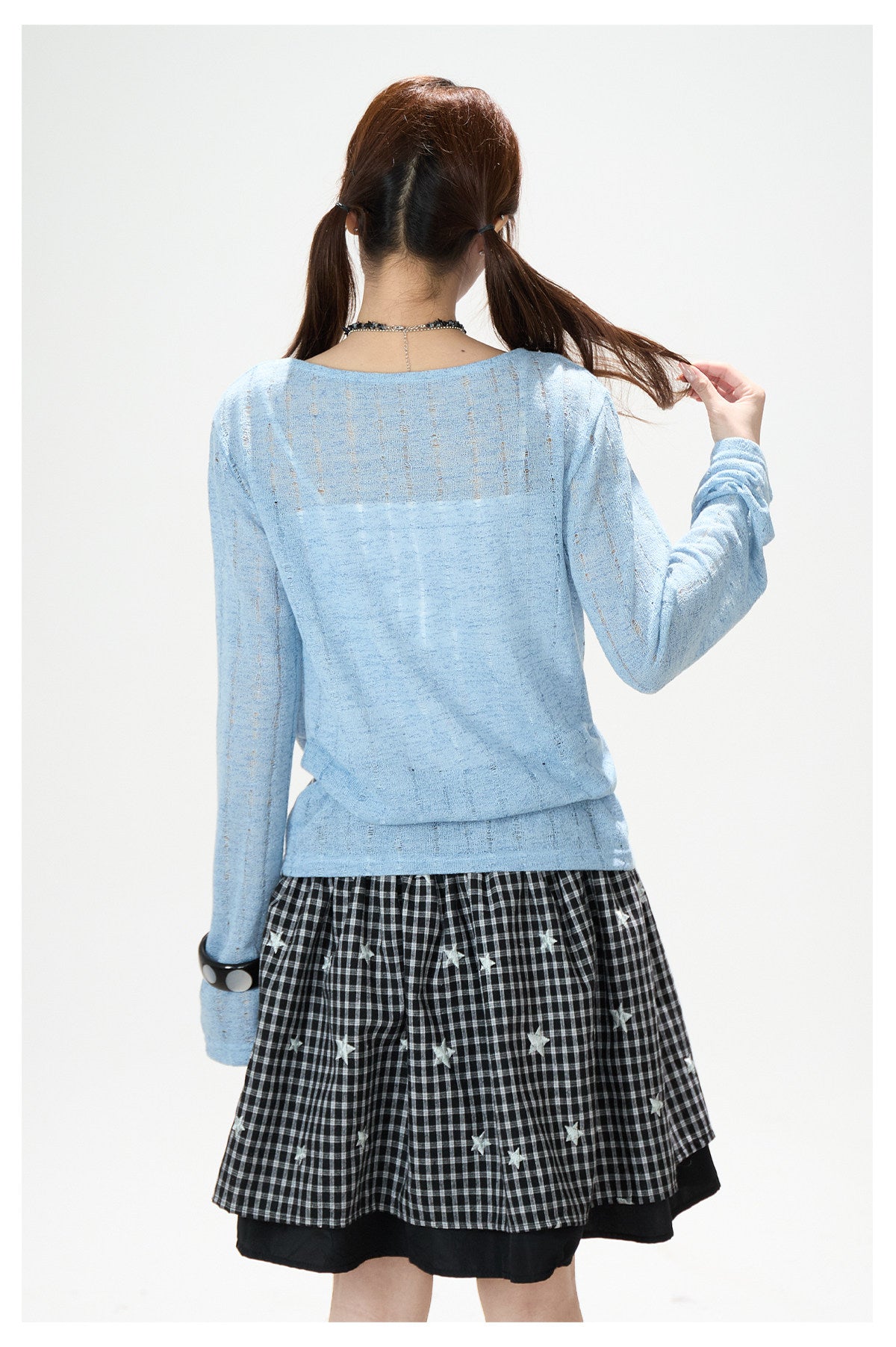 Cartoon Graffiti Cowl-Neck Long Sleeve Top & Black Plaid Lace Mini Skirt