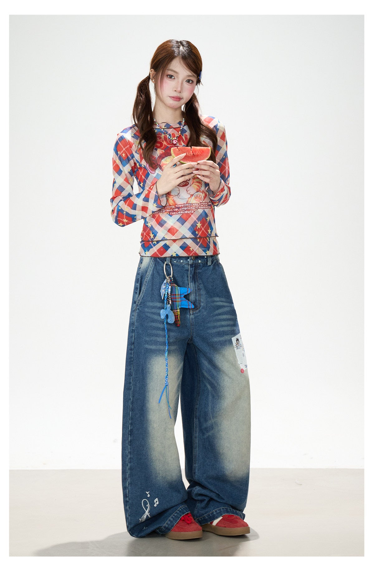 Cartoon Patch Washed Wide-Leg Jeans