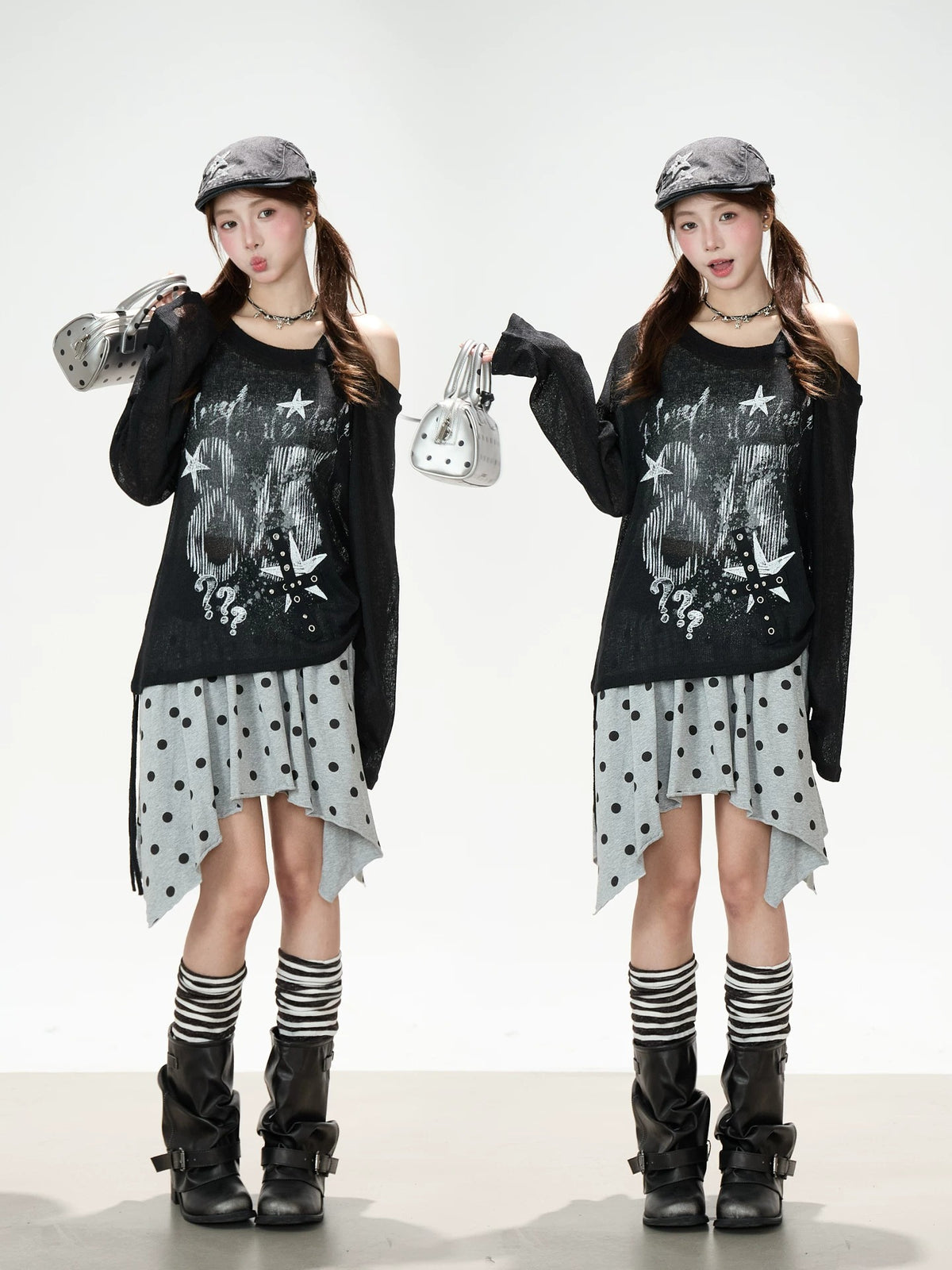 Dark Graffiti Off-Shoulder Long Sleeve Top & Asymmetric Polka-Dot Mini Skirt