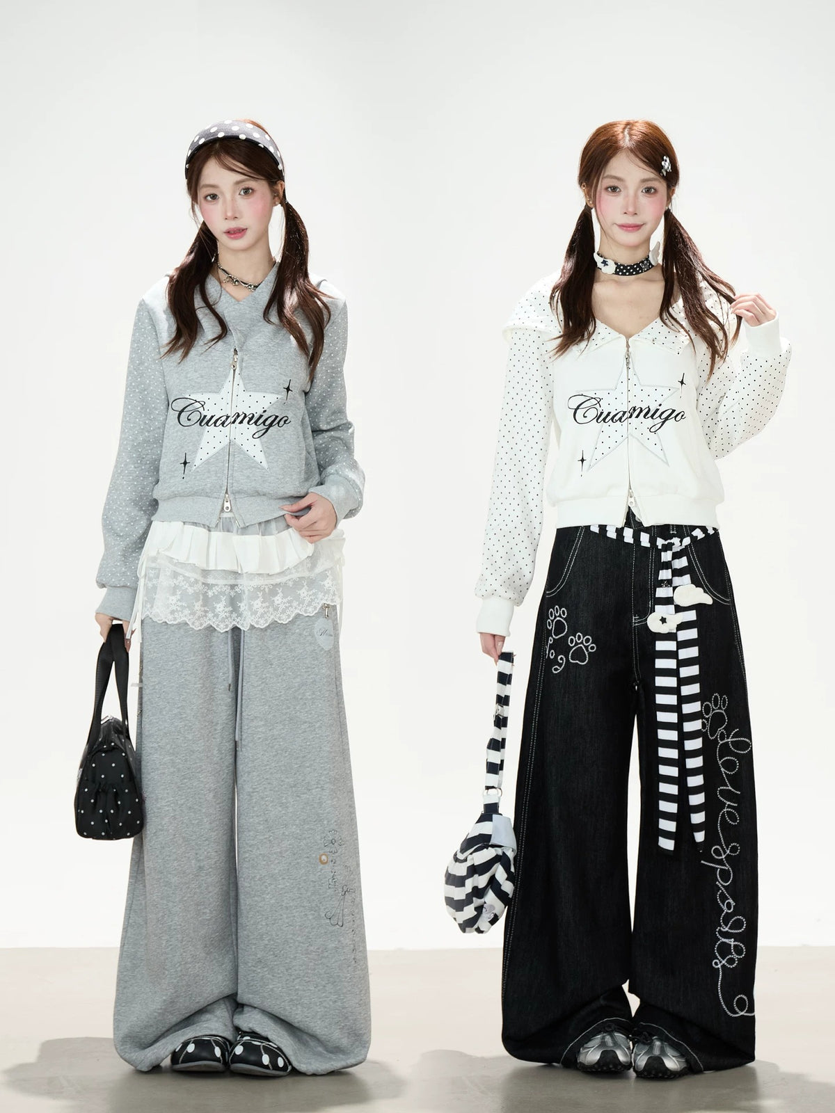 Star Polka-Dot Cropped Zip-Up Hoodie & Gray Wide-Leg Sweatpants