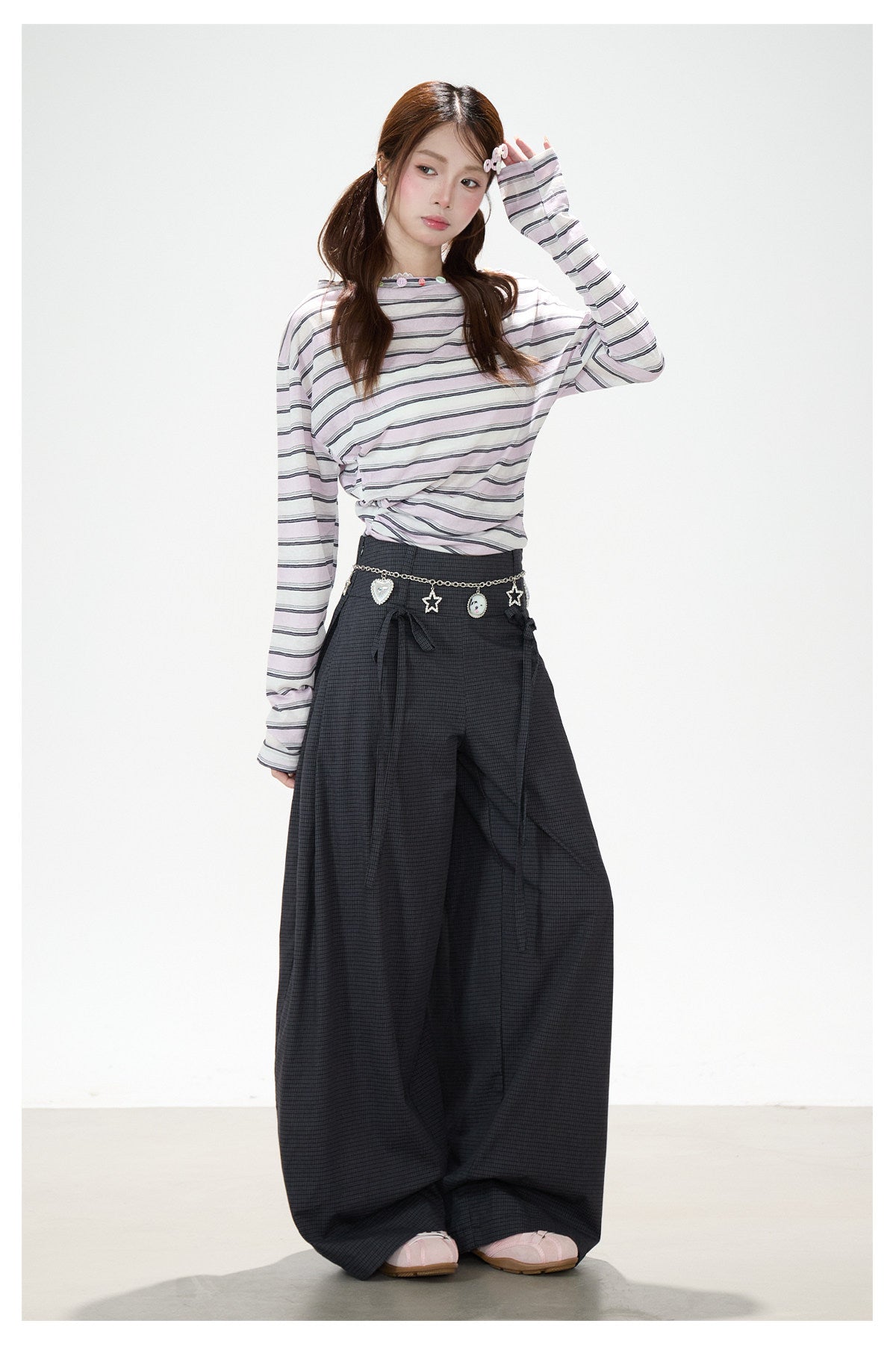 Striped Off-Shoulder Long Sleeve Top & Black Wide-Leg Pants