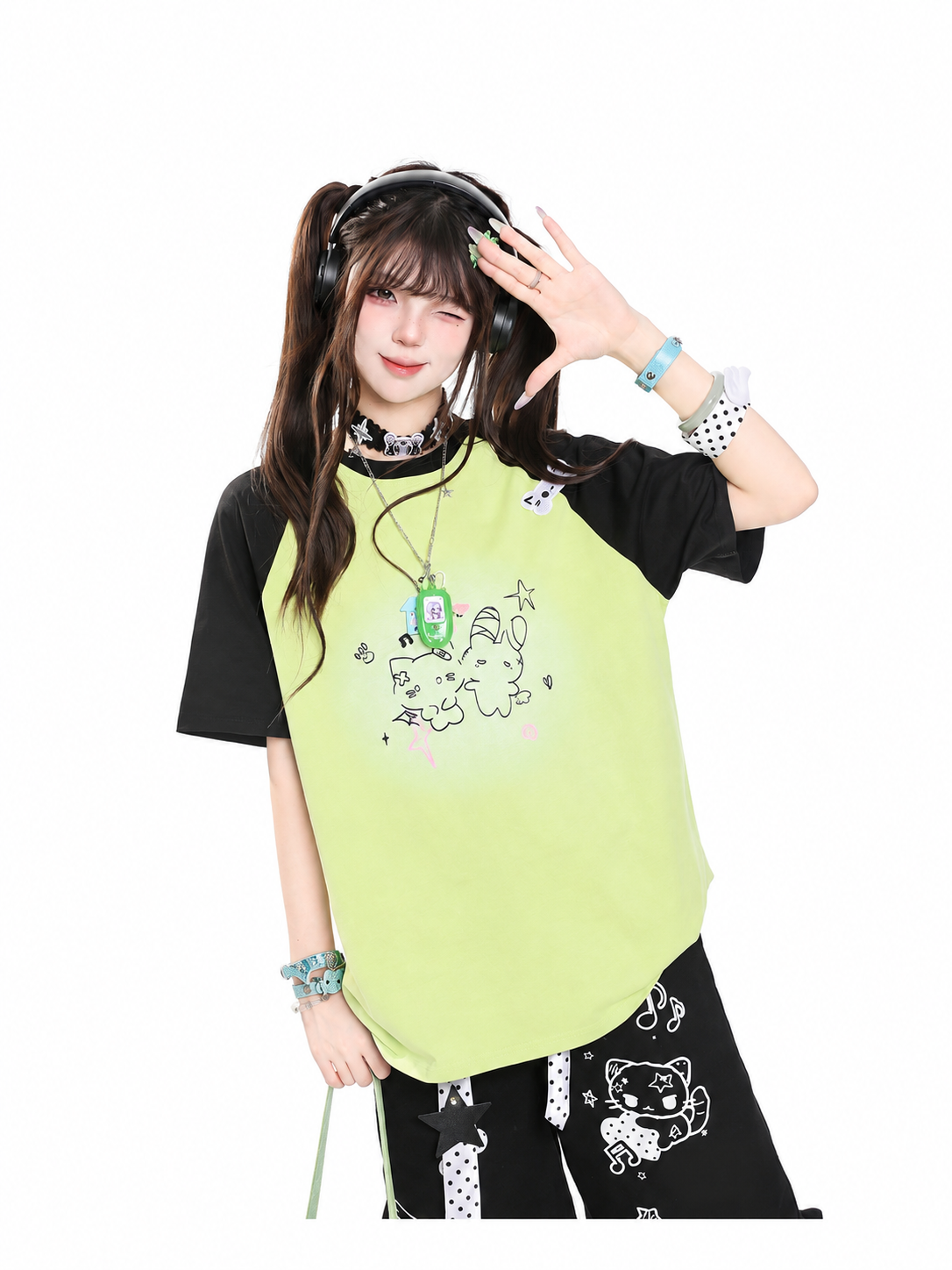 Kitty Sketch Colorblock Raglan Oversized Tee