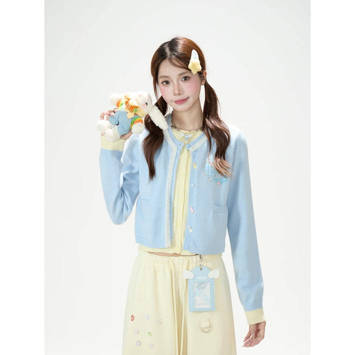 Faux Layered Soft Knit Cardigan & Apple Star Patch Wide-Leg Pants