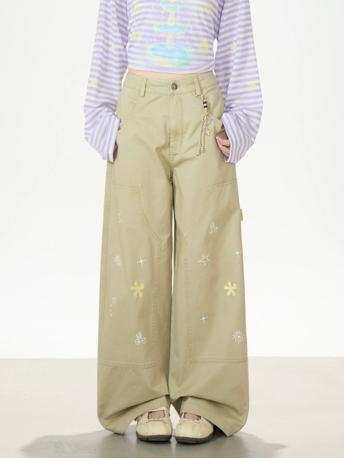 Khaki Embroidered Wide-Leg Cargo Pants