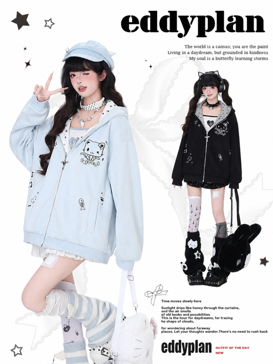 Cat Paw Embroidered Cat-Ear Zip Hoodie