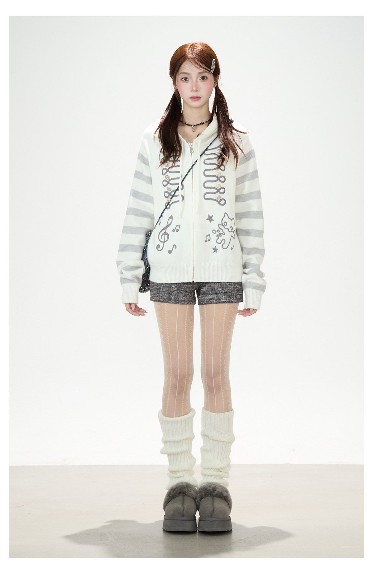 Doodle Stripe Hooded Knit Zip Cardigan