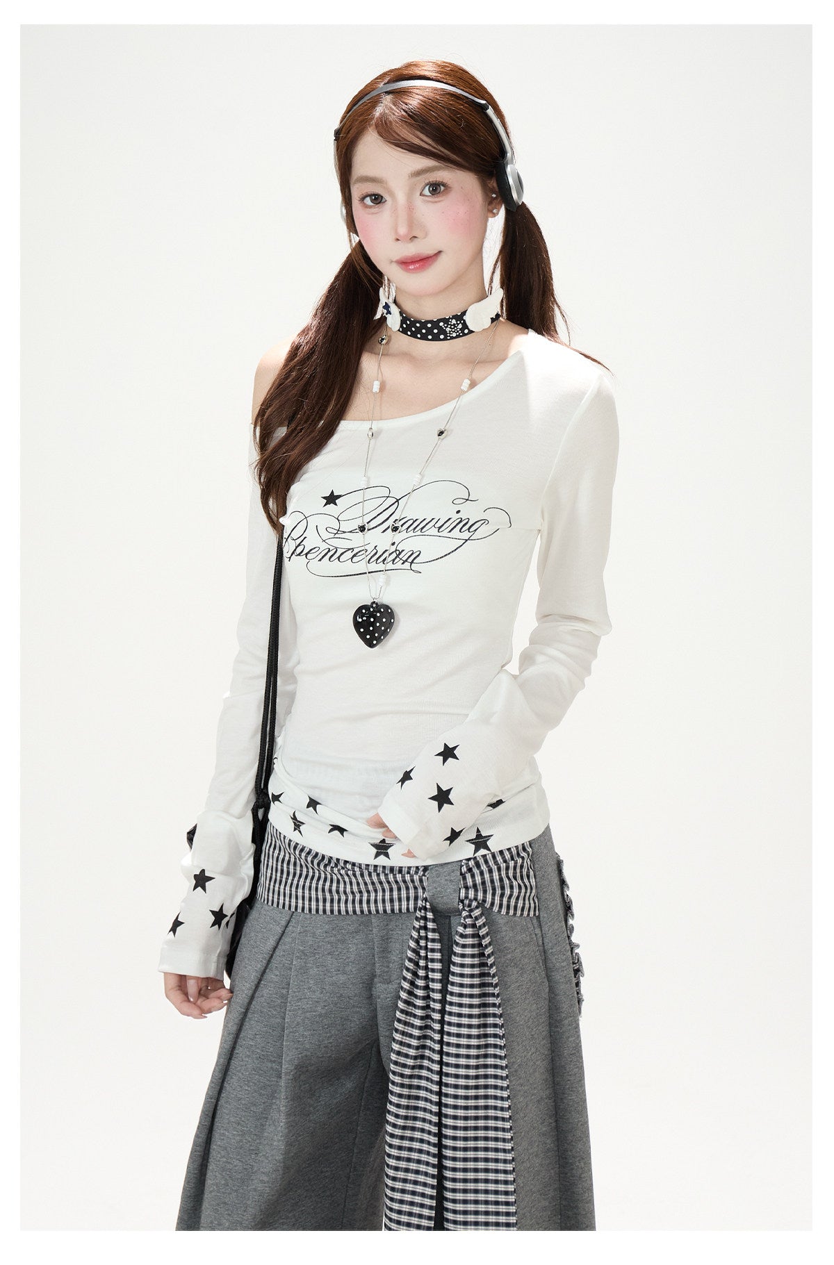 Star Letter Off-Shoulder Long Sleeve Top & Gray Graphic Wide-Leg Pants