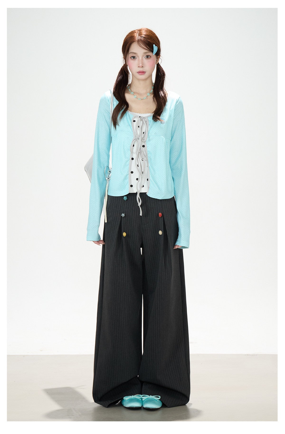 Polka-Dot Tie-Front Layered Long Sleeve Top & Pinstripe Button Wide-Leg Pants