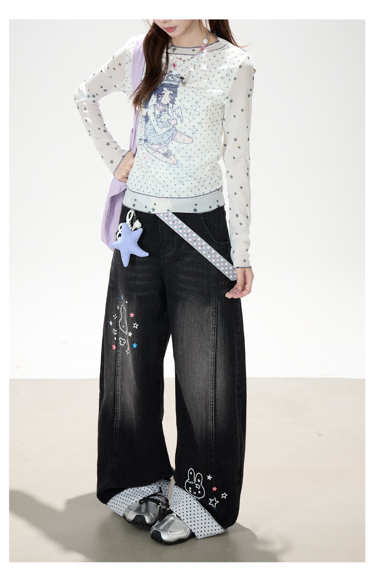 Anime Star Polka-Dot Mesh Long Sleeve Top & Bunny Graphic Wide-Leg Jeans