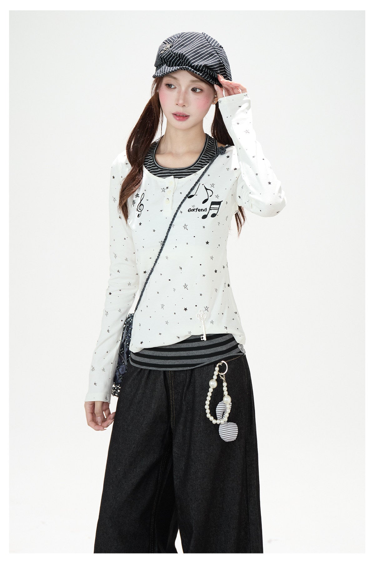 Star Music Note Halter Layered Long Sleeve Top & Black Wide-Leg Pants